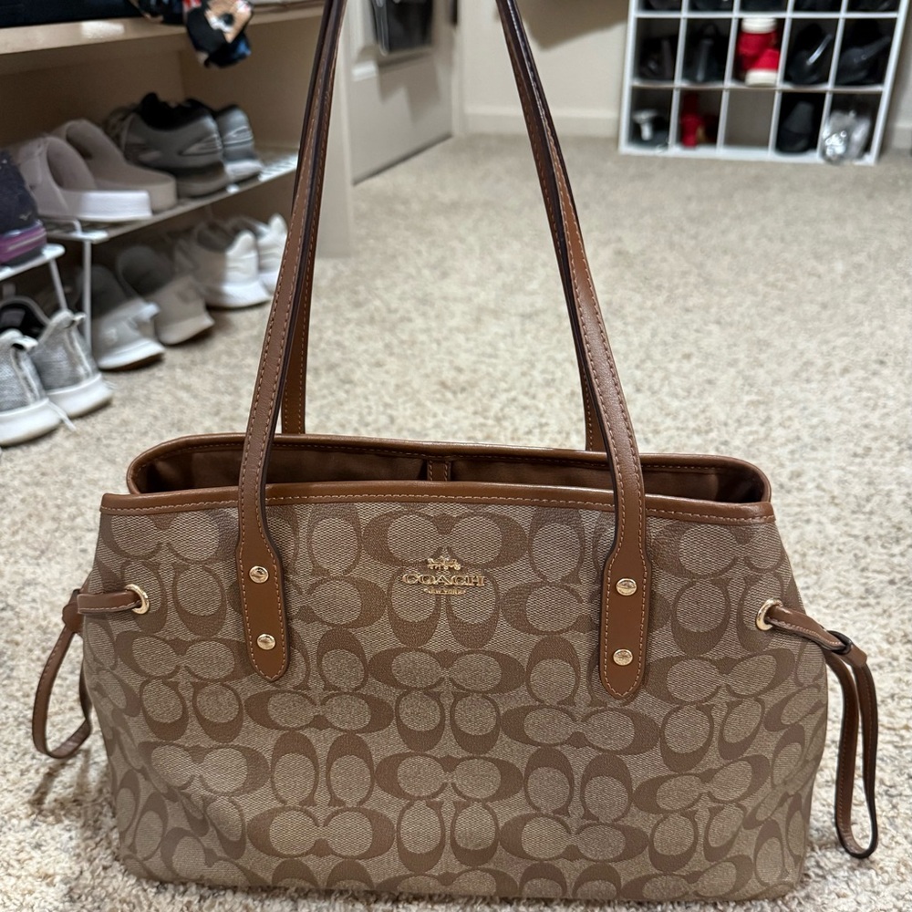 Coach Tan and Brown Signature Shoulder Bag